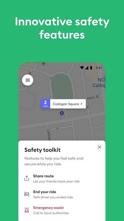 安全工具箱面板截图：分享路线让朋友跟踪你的行程，结束行程通知司机你已结束，紧急求助呼叫当地有关部门